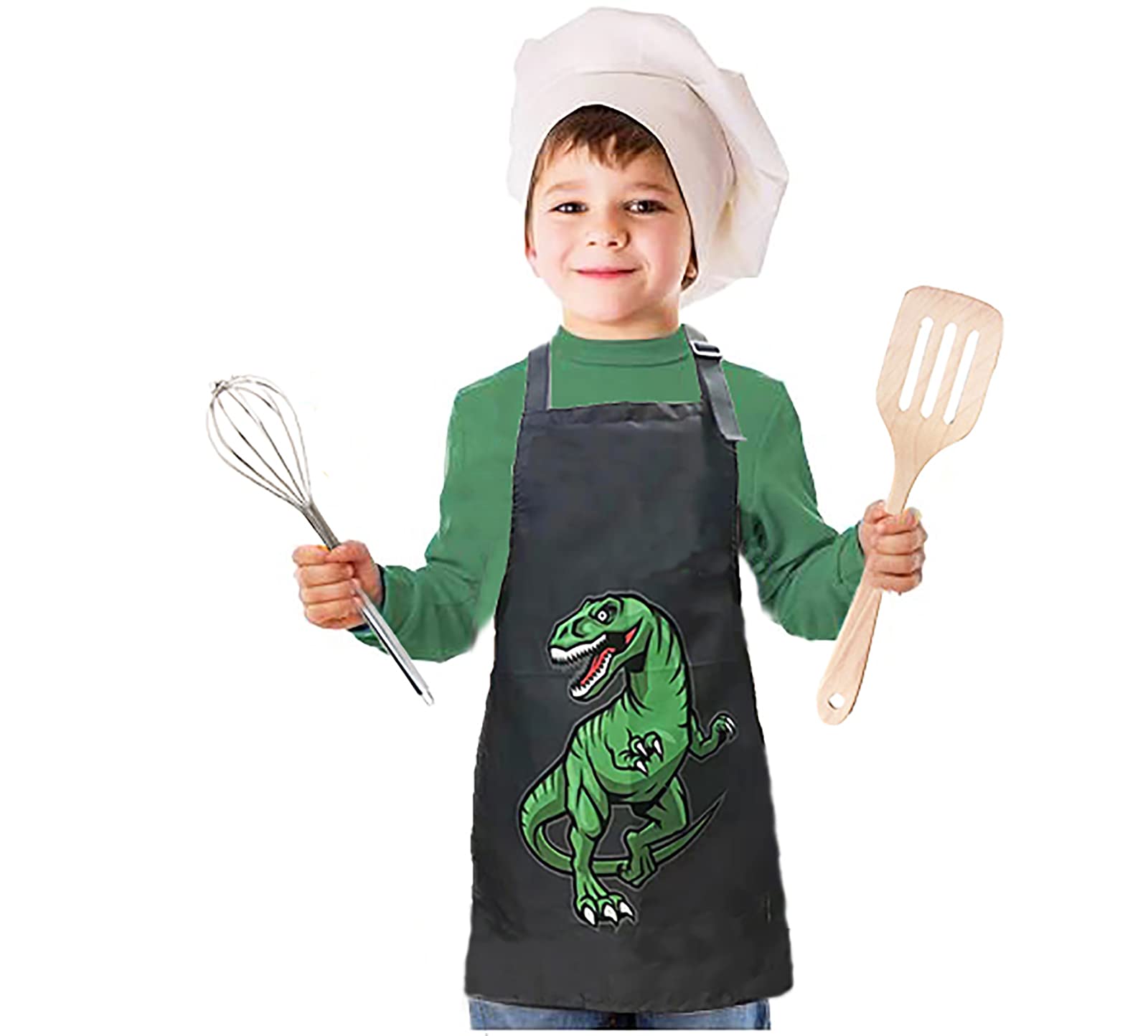 XonyiCos Kids Boys Dinosaur Apron with Pockets, Girls Aprons for Cooking Painting - Image 2