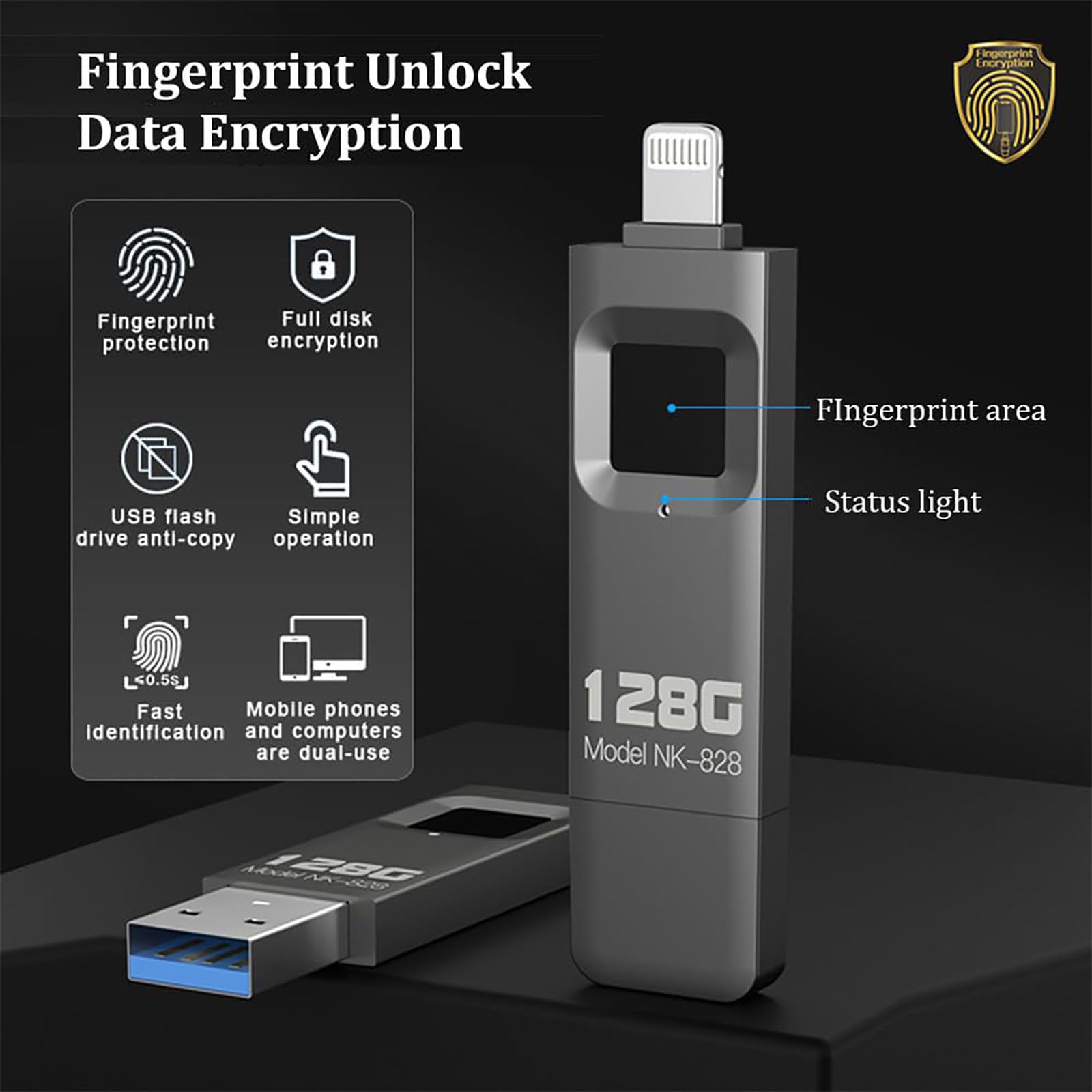 Memoria Usb Cifrada Con Huella Dactilar, Velocidad De Transferencia De 10 A 29 M/S, Admite 60 Huellas Dactilares, Puerto Ligh-tning + Usb, Para Tabletas, Ordenadores Y TeléFonos MóViles. 128GB