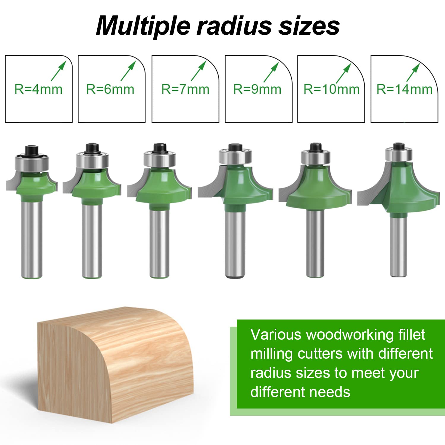 Fresas redondeadas para fresadora, vástago 8 mm, carburo de tungsteno, con rodamientos, para madera