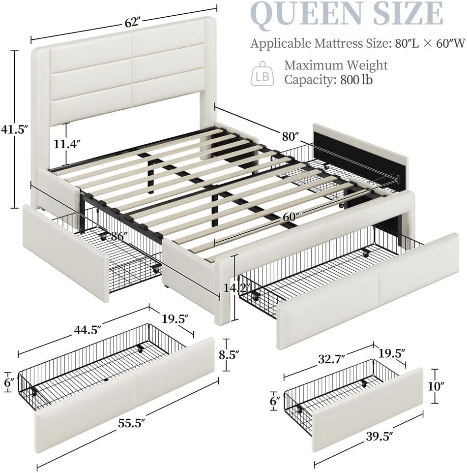Diagram of Yaheetech Queen Size Bed Frame with dimensions