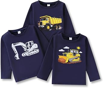 2-6 Years Toddler Boys' 3 Pack Long Sleeve Crewneck Graphic T-Shirts Kids Clothes Top Tee Boys Fall Shirts