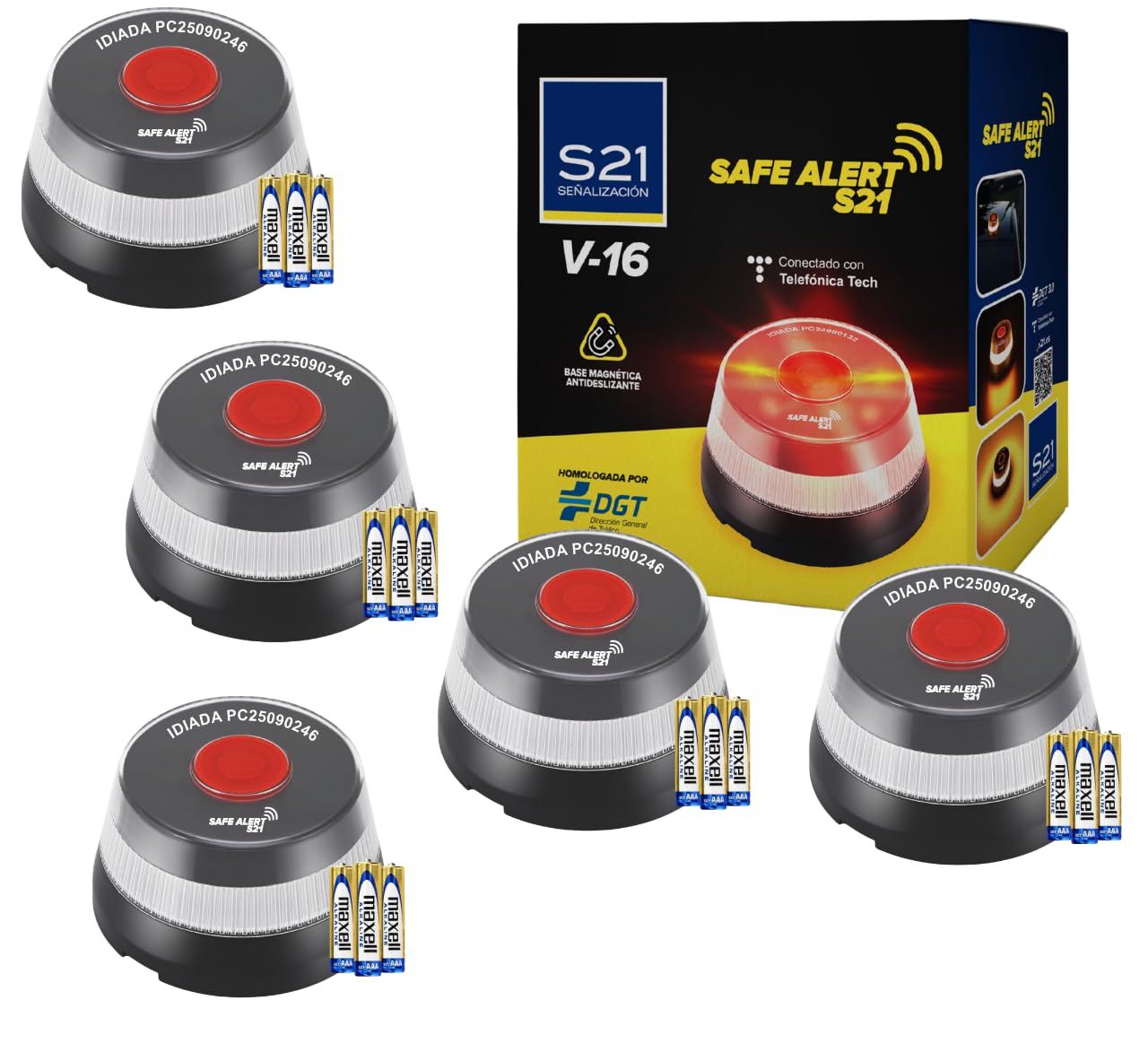 Pack de 5 Luces de Emergencia Coche Homologada DGT y Geolocalizadas con SIM MOVISTAR Incluida y Activada Baliza V-16 Homologada DGT Obligatoria A Partir de 2026 Luz Emergencia Coche