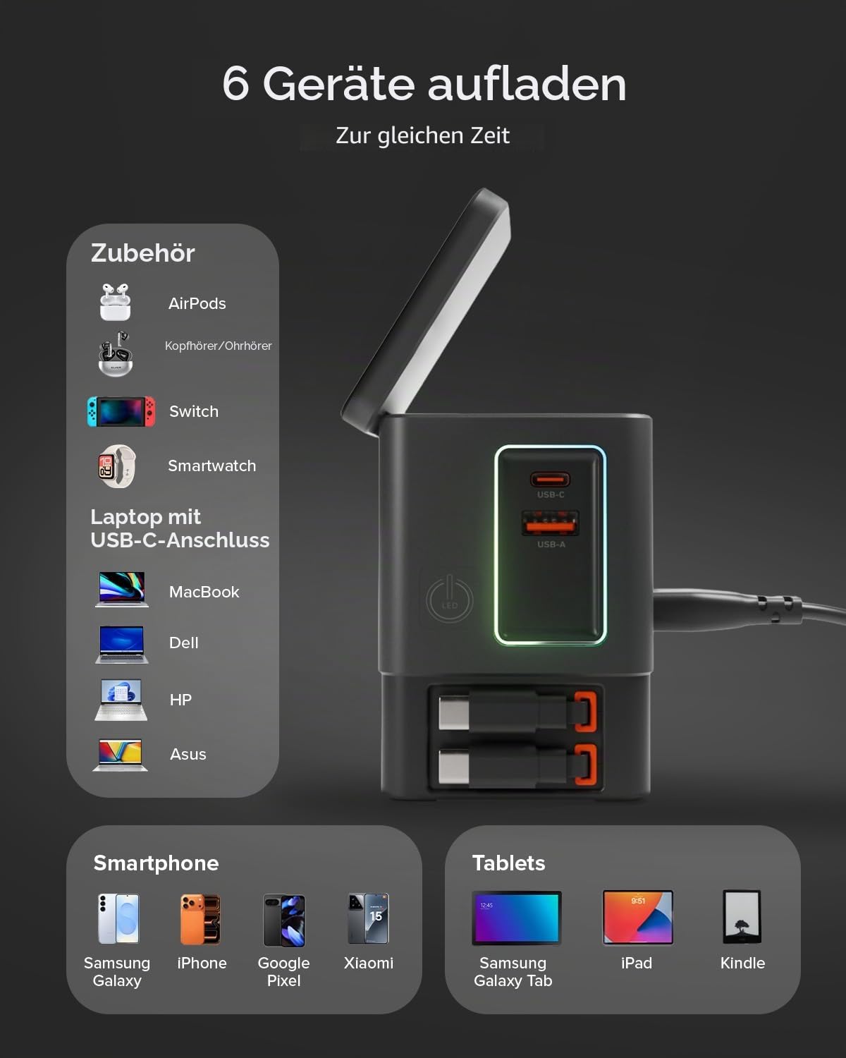 SBS Power Dock 6in1 100W USB-C, Kabelloses Laden 15W, MagSafe-kompatibel, Power Delivery (PD 3.0 PPS), Ladestation mit 2X Einziehbarem Kabel, Netzteil für Notebook, iPhone, AirPods, Schwarz | Power Delivery (PD 3.0 PPS), Ladestation mit 2 einziehbaren Kab