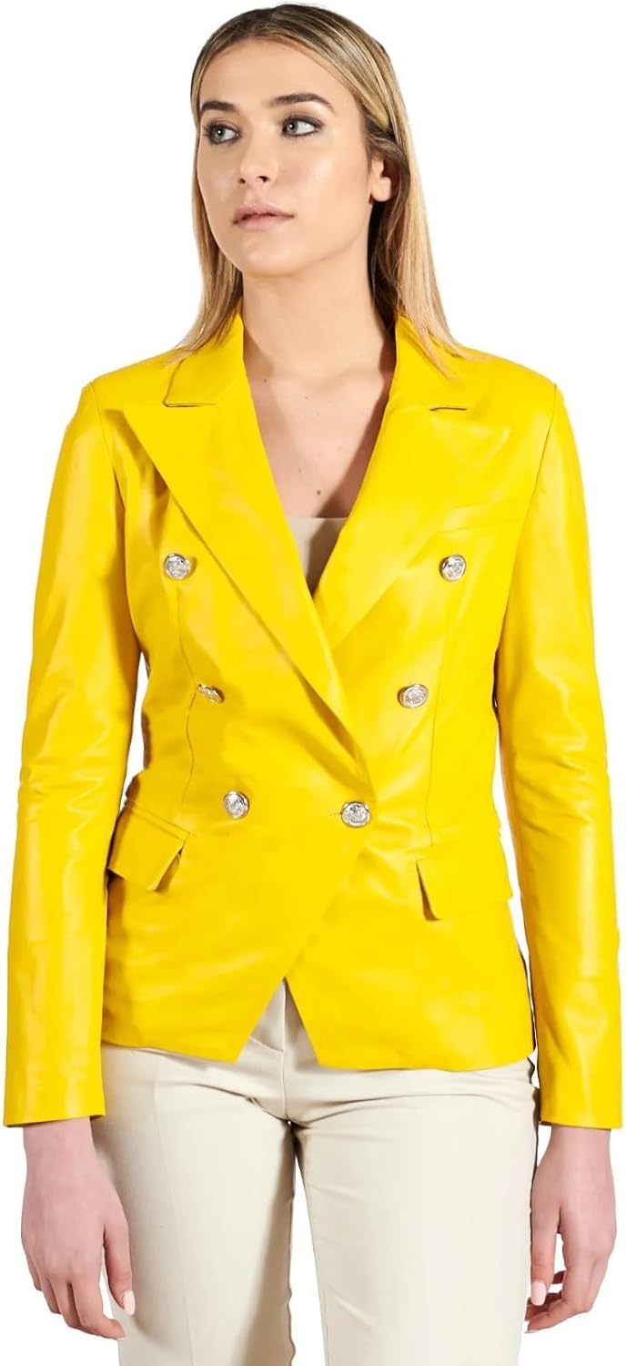 Womens Indian Black Double Breasted Slim Fit Real Leather Jacket Blazer with Lion Head Button
