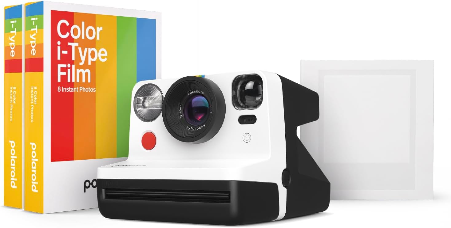 PolaroidNow Gen2 I-Type Instant Film Camera Gift Bundle - Now Gen2 Black and White with Double Pack of Color Film (16 Photos) Bonus White Small Photo Album (6440)