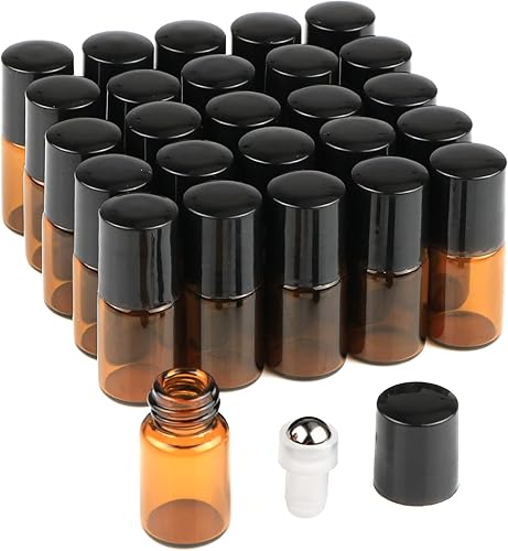 25 unidades de botellas de rodillos de vidrio de aceite esencial mini recargable vacío perfume de aromaterapia rollo de vidrio ámbar en frascos de
