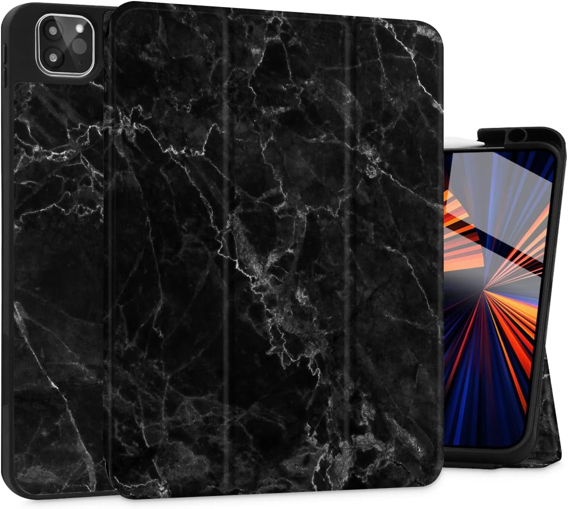 Tuiklol iPad Pro 12.9 Case 2022 2021 6th 5th Gen - Built in Pencil Holder - Trifold Stand - Auto Wake/Sleep, TPU Protective Stand Back Case for 2020 2018 4th 3rd Gen iPad Pro 12.9 inch, Marble