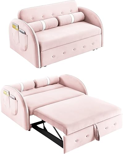 Ucloveria Sofá cama extraíble de terciopelo moderno de 55 pulgadas, sofá cama biplaza pequeño con almohadas y bolsillos laterales para espacios