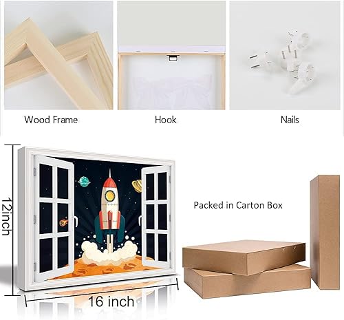 Miniatura 6 de HLNIUC Arte de pared con vista del espacio exterior 3D en la ventana, pósteres temáticos espaciales para niños, impresiones artísticas de cohete (12
