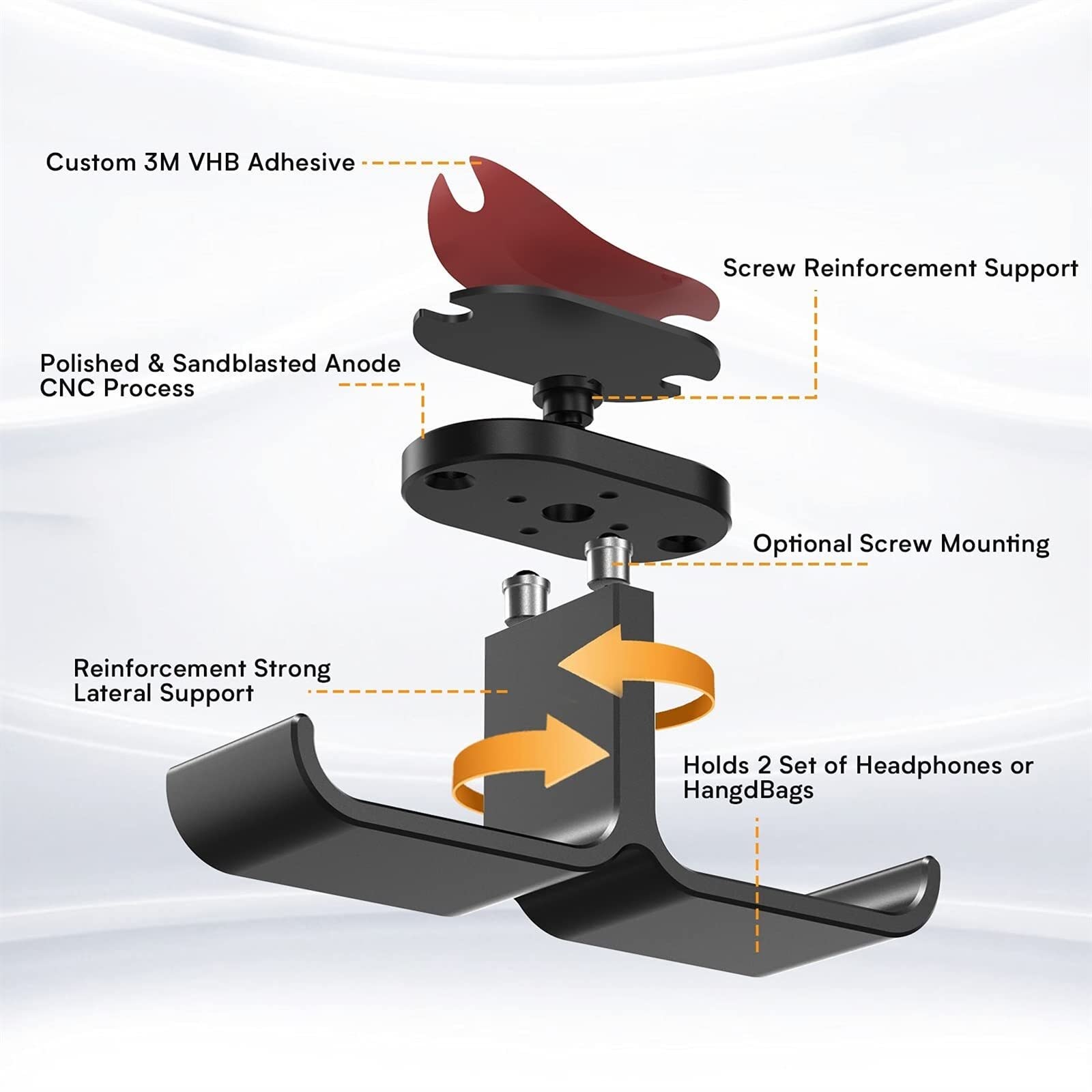 Gancio per cuffie, Gancio for cuffie Stand sotto la scrivania Gancio Rotazione a 360 ° Gancio for stantuffo a sfera Adesivo adesivo in alluminio Doppio supporto for cuffie Supporto for PC Accessori fo