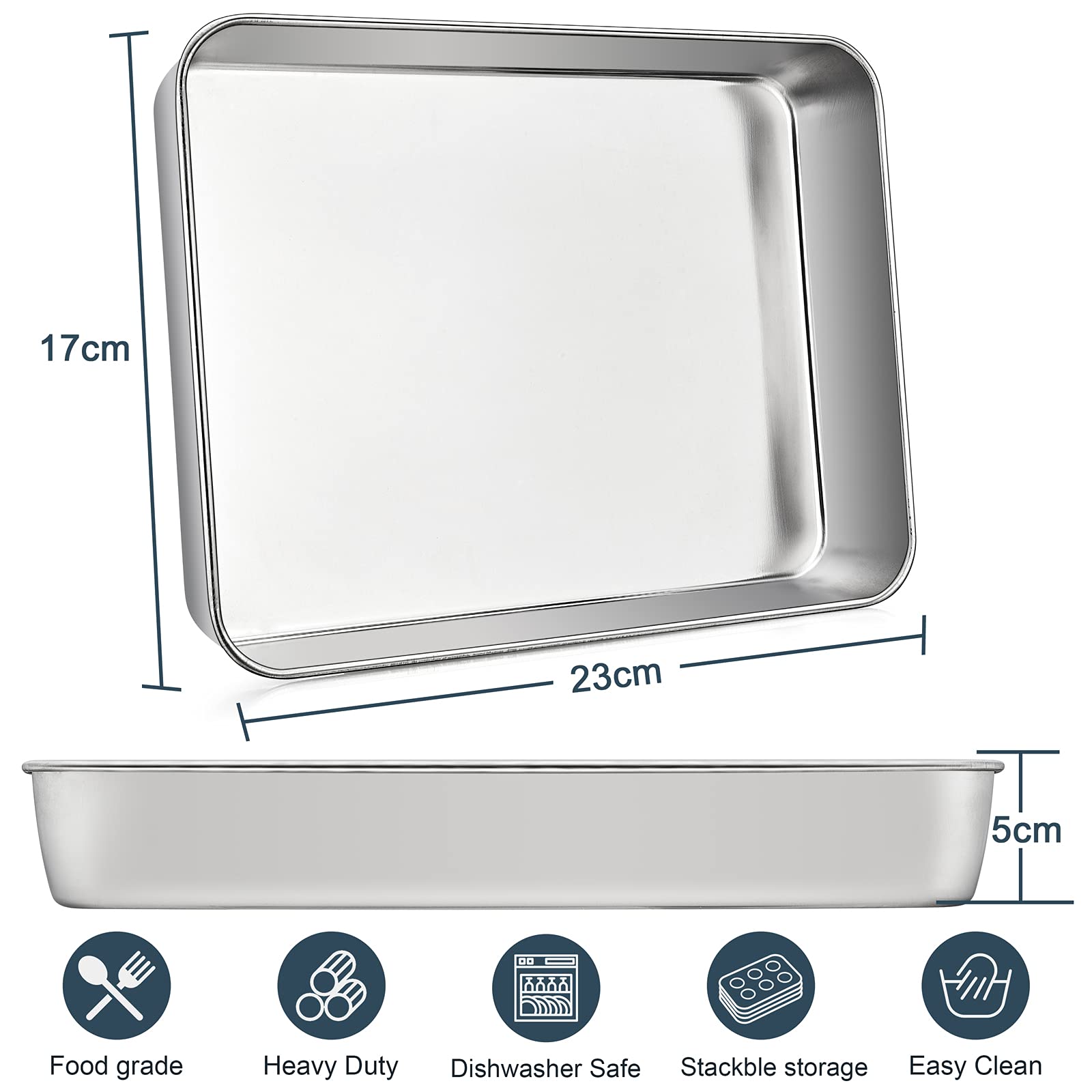 Joyfair Set di 2 teglie da forno piccole in acciaio inox, teglie da forno profonde, rettangolari, per torte, brownie, lasagne, casseruole, 23 x 17 x 5 cm, resistente, finitura opaca e lavabile in