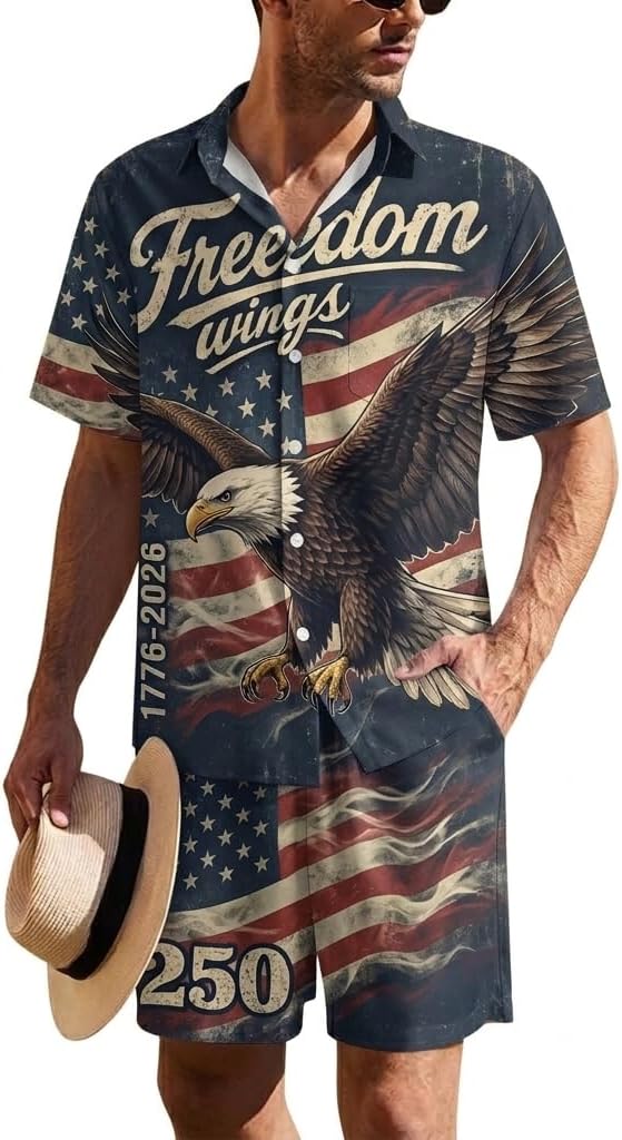 America’s 250th Anniversary Men 2 Piece Hawaiian Shirt Set Patriotic Outfit Gifts for Independence Day