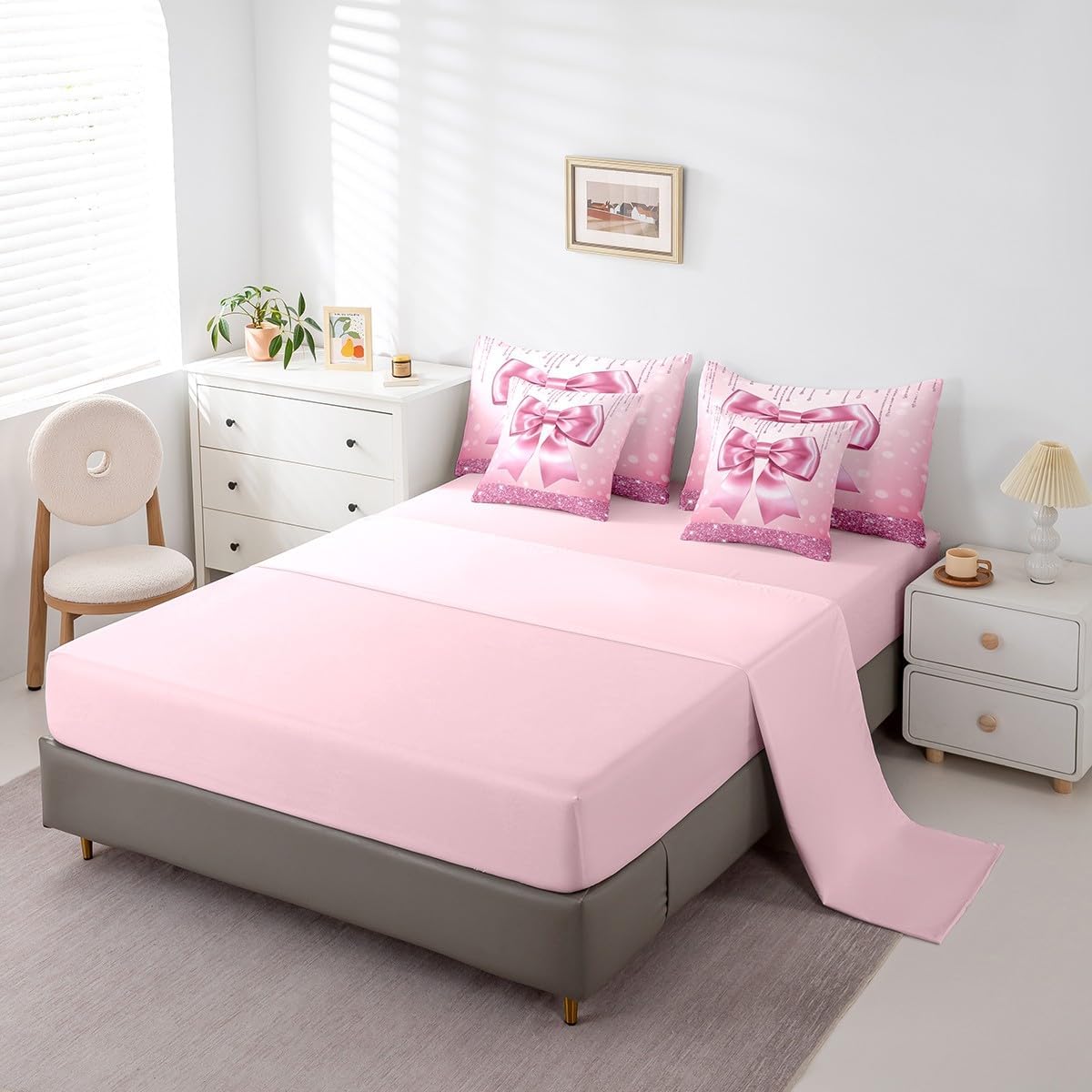 Erosebridal Kids Pink Bow 7 Pieces Bedding Set Queen Size Teen Girl Coquette Bow Comforter Set with Sheets Trendy Modern Fashion Preppy Bed in A Bag Gorgeous Glitter Bowknot Bed Sets
