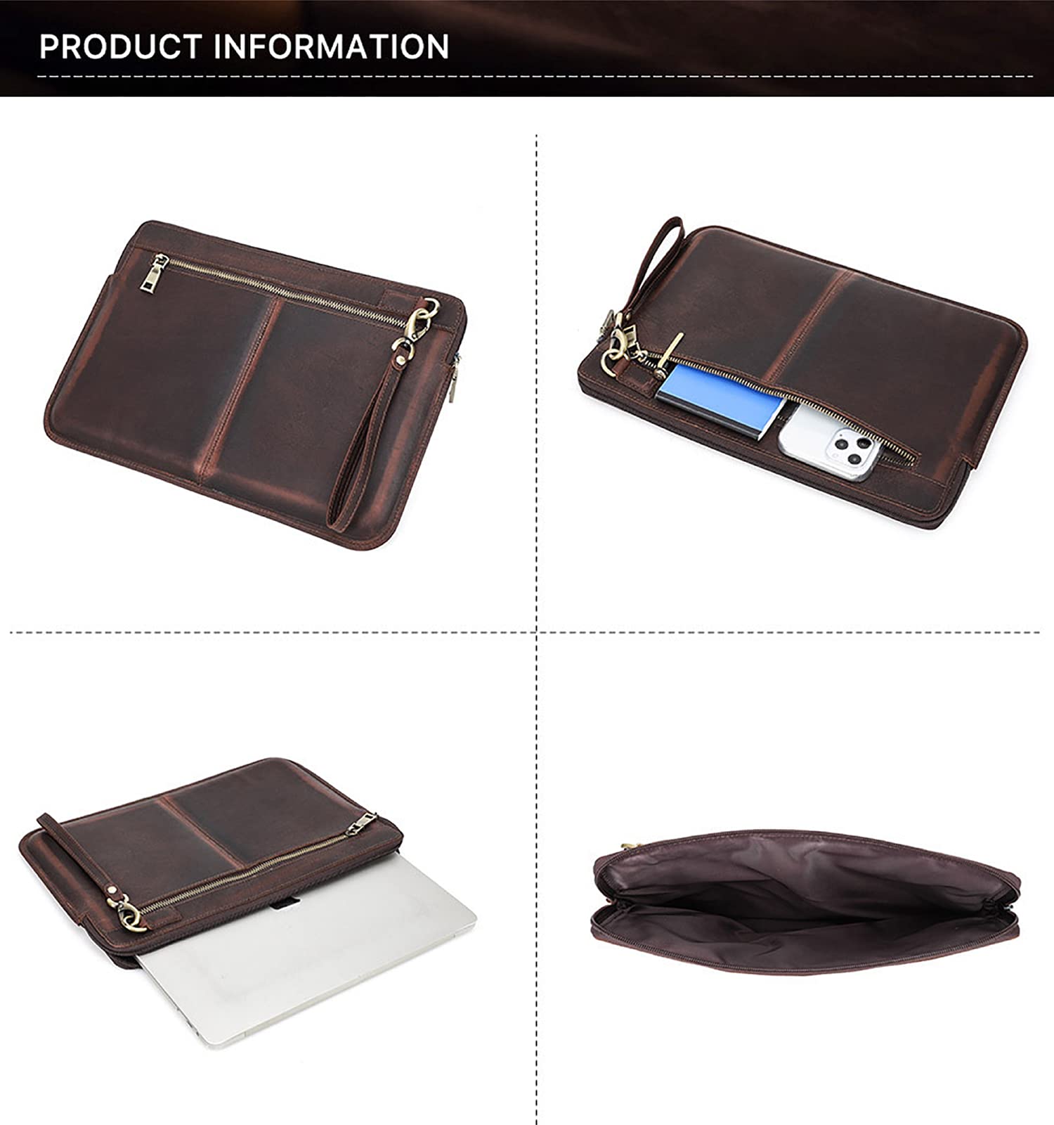 Leather Slim Laptop Sleeve Case 13.3 Inch With 2 Zip Pocket