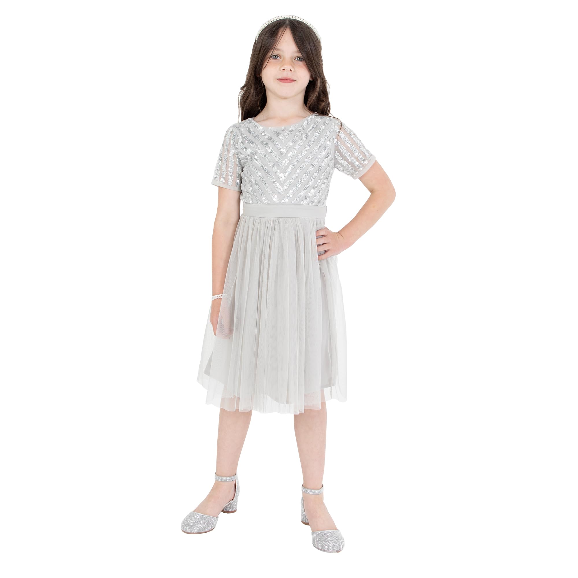 Maya Deluxe Dziewczęca sukienka midi na ślub z cekinami, krótki rękaw, studniówka, przyjęcie urodzinowe, dla druhny, miękki szary, 7-8 lat, Delikatny szary, 7-8 lat
