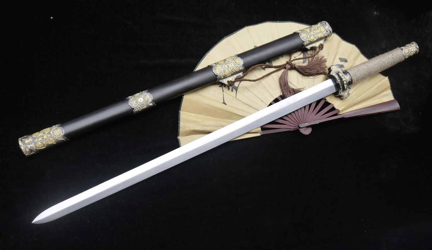 Chinese Sword,Tang jian,Practical,Hand Forged(Damascus Steel Bit,Rosewood,Alloy) Rope Handle