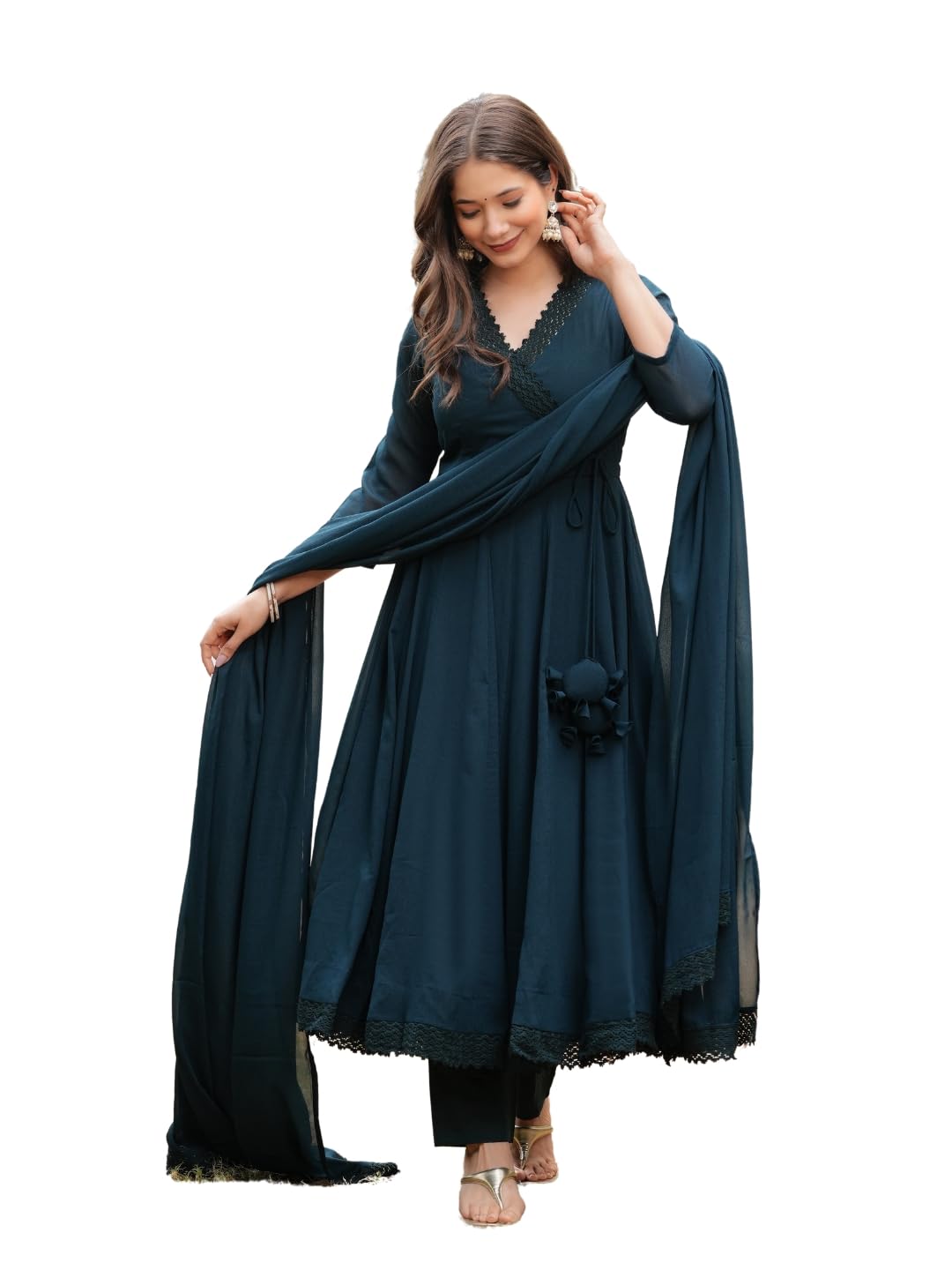 sitaram designer Silver Tone Georgette Anarkali Lace Embellished kurta Pant With Dupatta Set-picture-42