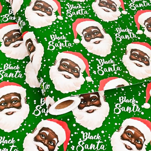 Dtiafu African American Christmas Wrapping Paper Roll Green Holiday Gift Wrap Sheets Black Santa Claus Design for Winter Party Celebration - Total 28.5sq.ft