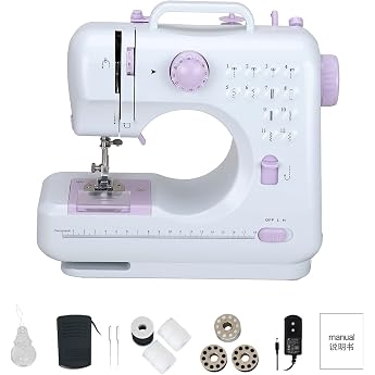 Sewing Machine 12 Stitches Electric Sewing Machine Household Double Thread Sewing Machine Automatic Threader Portable Sewing Machine for Beginners 27.5 x 12.1 x 26 cm Purple Button