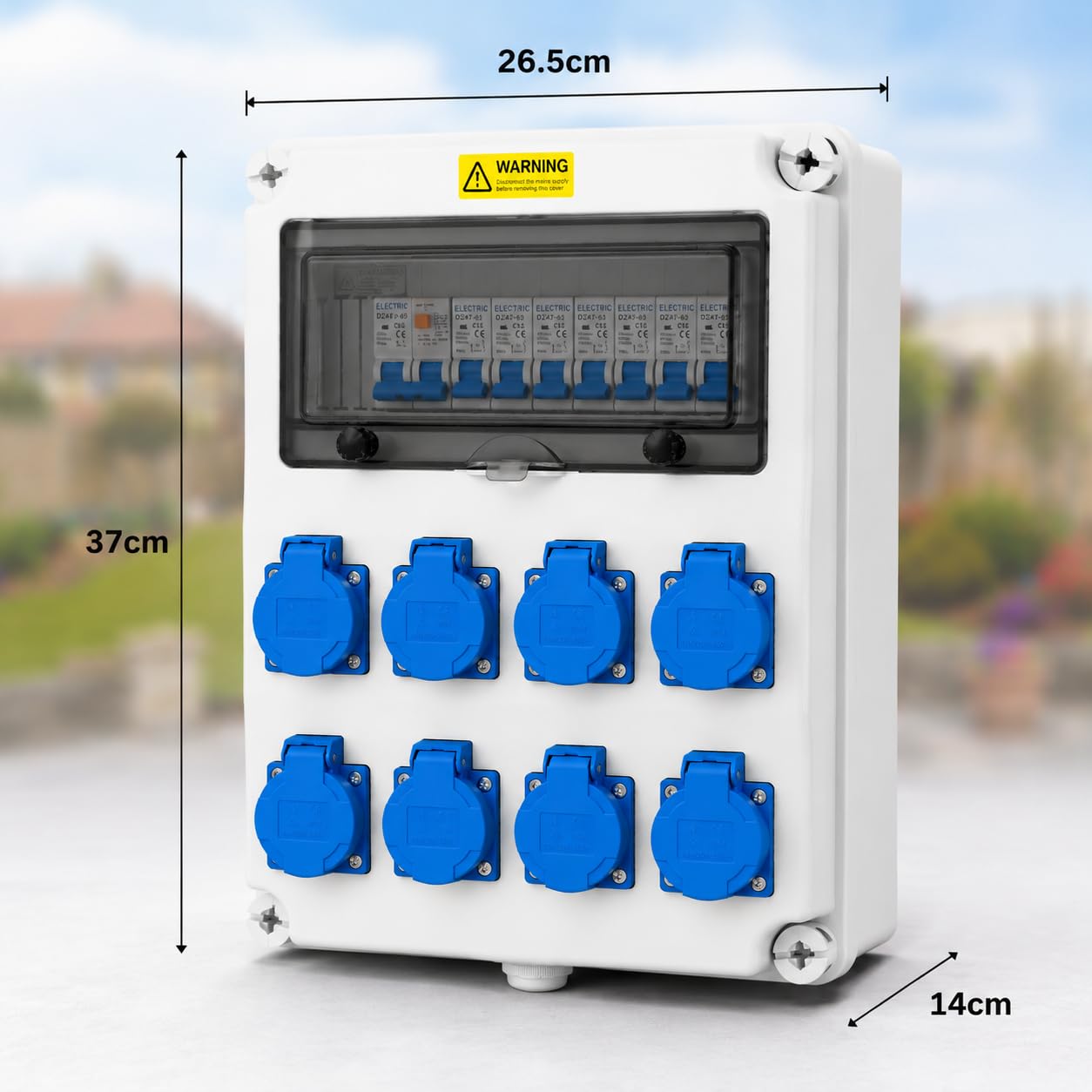 TEOV Baustromverteiler mit LS+FI, Wandverteiler 8x 230V Schuko Steckdosen, IP65/IP44 Wasserdicht Vorverkabelt Stromverteiler, Robuster Verteiler für Innen und Außen Baustelle Werkstätten Fabriken