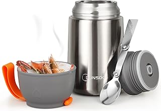 Marke: DUNSOO Thermobehälter 650ml – 12h Kalt, Edelstahl, Faltlöffel (Grau)