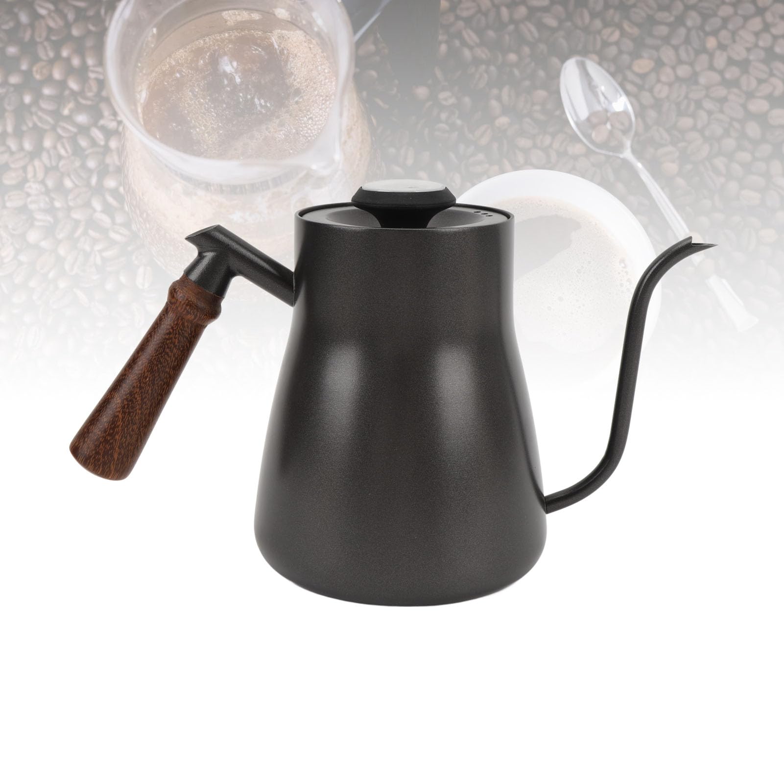 Hervidor de café, Tetera con Cuello de Cisne de Acero Inoxidable de 850 Ml, Hervidor de Agua con de Madera con Termómetro y Pico Largo, Ideal para Preparar Cerveza en el Hogar, Viajes y