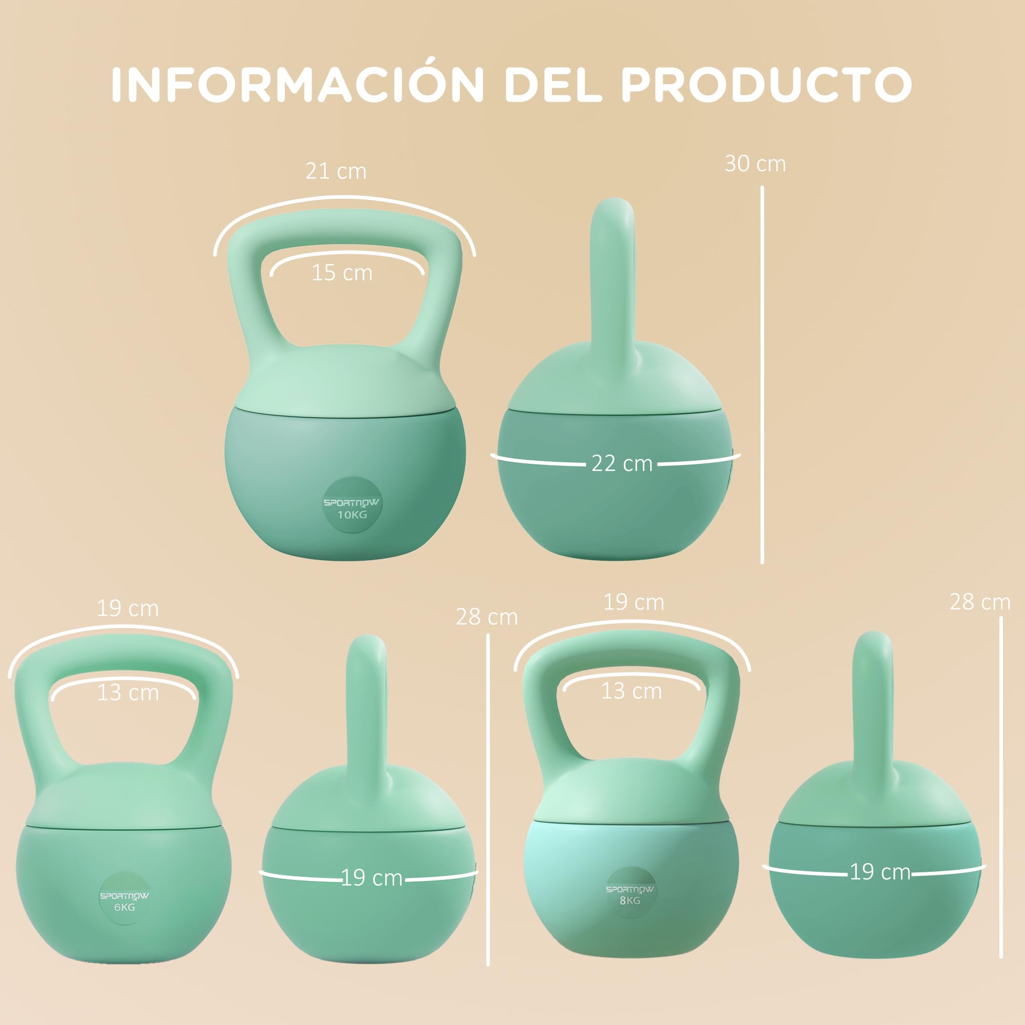 SPORTNOW 3 Pesas Rusas 6/8/10 kg Soft Kettlebells Relleno de Arena Metálica y Mango Antideslizante para Entrenamiento Culturismo en Casa Gimnasio Verde