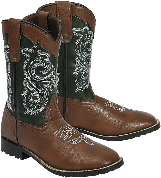 TuffRider Children's Assateague Island Rounded Toe Western Boot- Brown w/Green- 12C