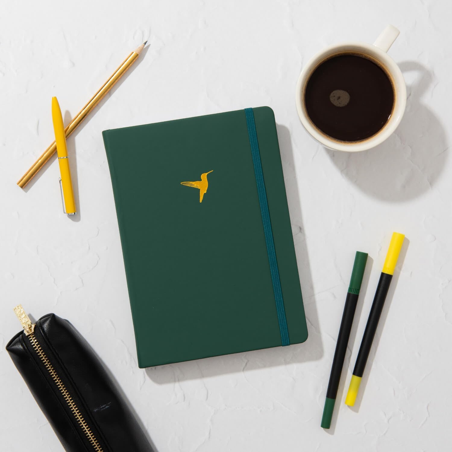 Yop & Tom A5 Lined Journal - Notebook with Vegan Leather Cover and Hummingbird Emblem - Forest Green