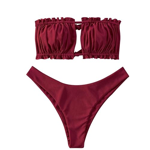 ZAFUL Schulterfreies Bandeau-Bikini-Set mit hohem Schnitt und Kordelzug und Rüschen Bademode für Damen - S - Weinrot-a