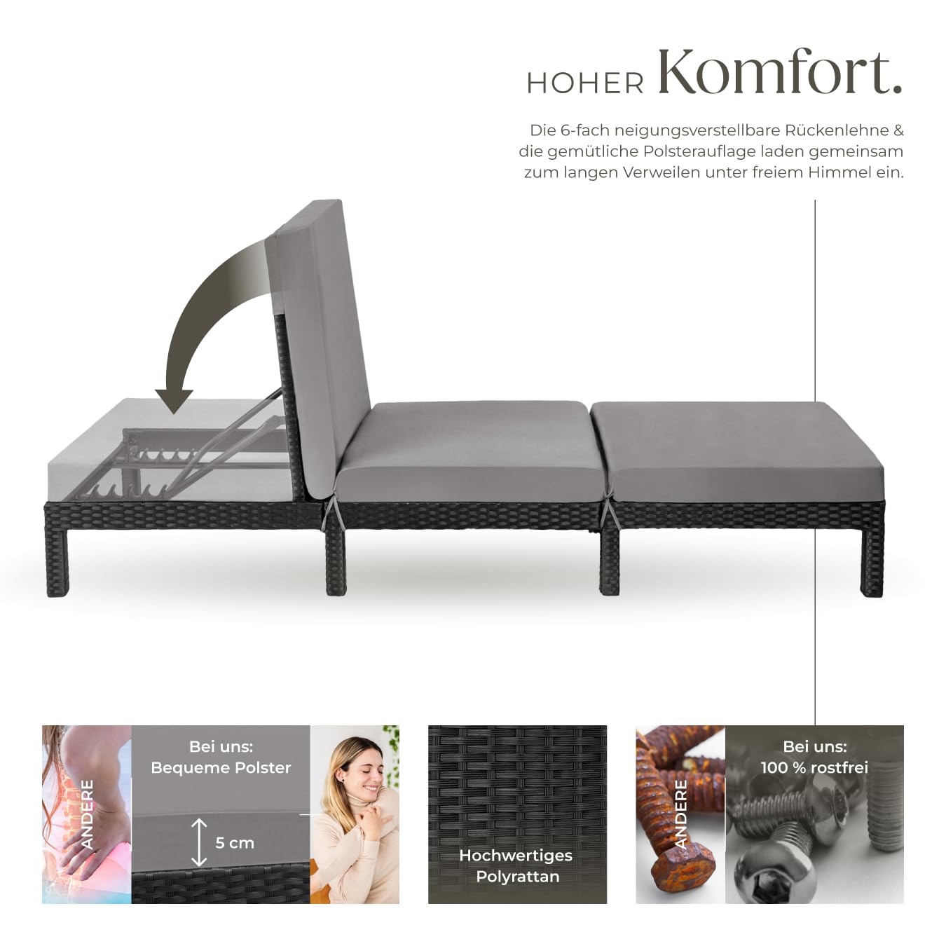 tectake® Polyrattan Sonnenliege mit 6-Fach höhenverstellbarer Rückenlehne, Outdoor Daybed mit bequemer Polsterauflage, Gartenliege Rattan für drinnen und draußen, pflegeleicht und stabil - schwarz