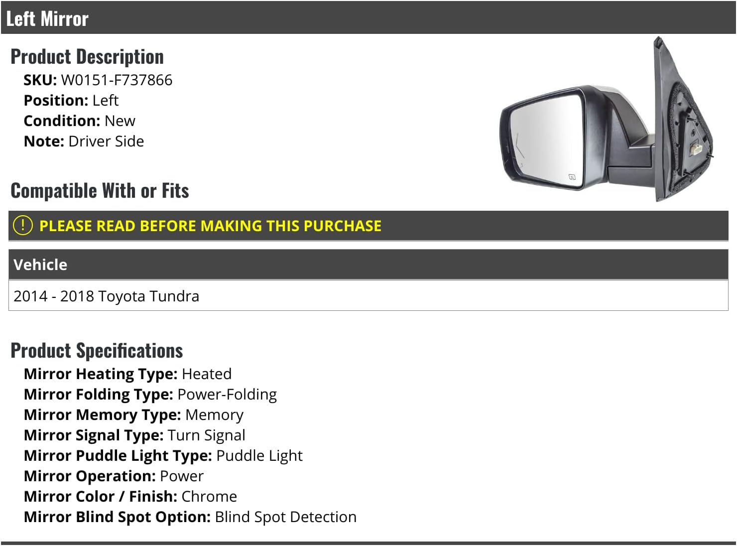 Left Driver Side Power Mirror - Chrome Cap - with Heated Glass, Memory, Power Fold, Turn Signal, Puddle Light, and Blind Spot Detection