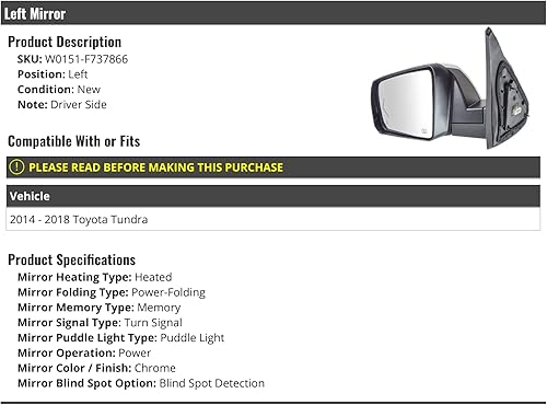 Espejo eléctrico izquierdo del lado del conductor, tapa cromada, con vidrio calentado, memoria, plegado eléctrico, señal de giro, luz de charco y