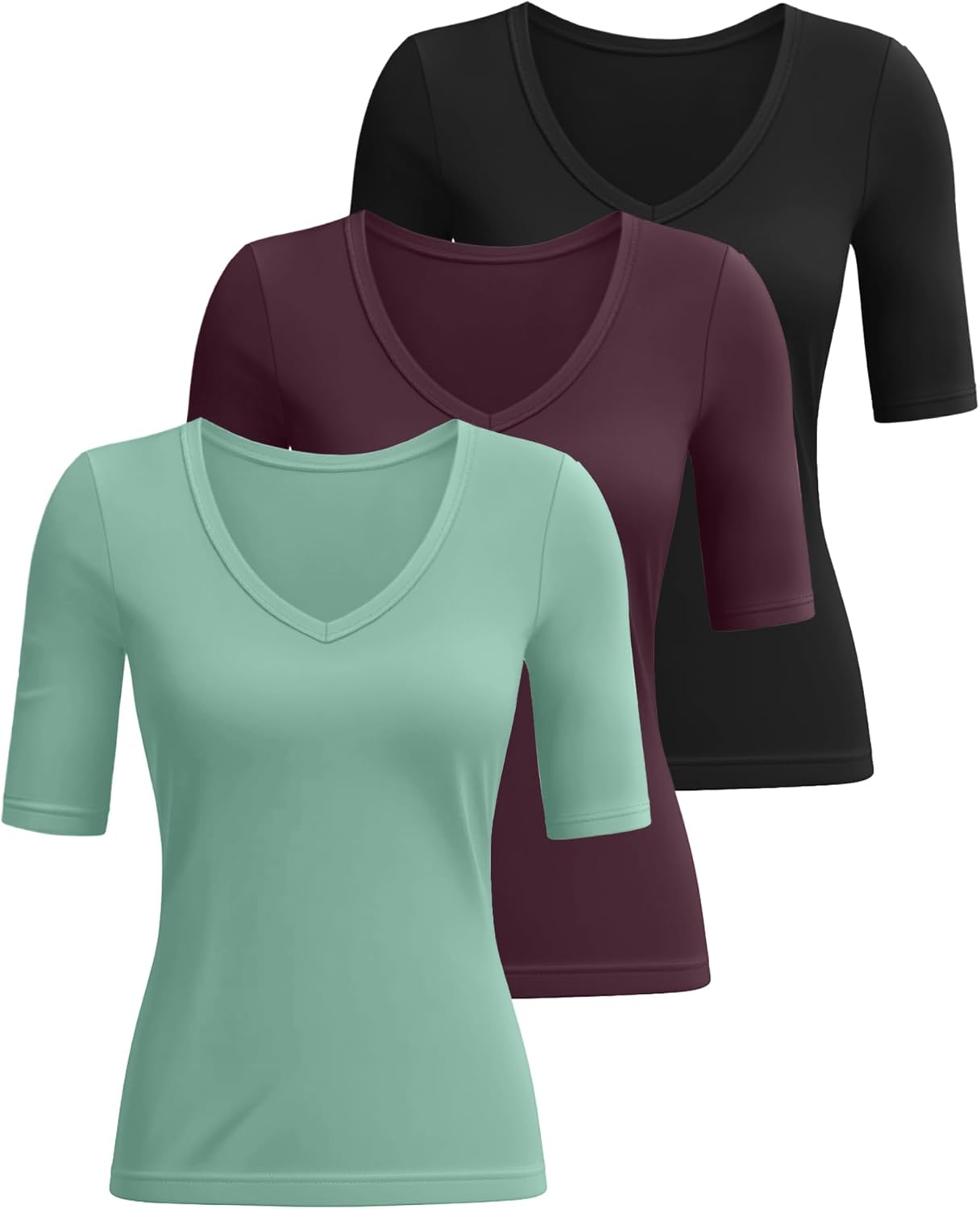 Ficerd 3 Pack Women's Half Sleeve V Neck T Shirts, Elbow Length Shirt Slim Fit Tunic Top Short Sleeve Casual Summer Tee(Black, Gray Green, Burgundy Red,XX-Large) - Image 4