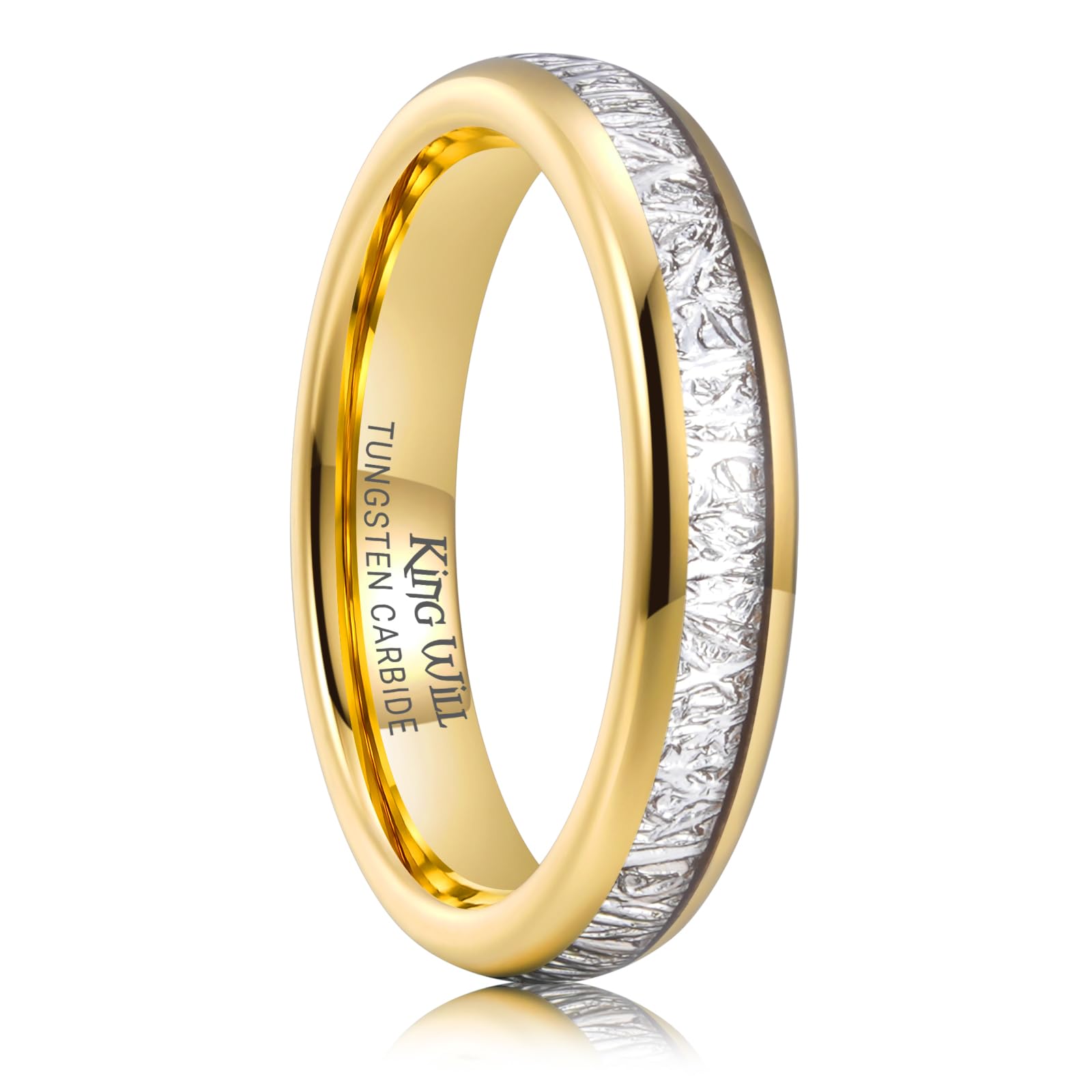 King Will Anello da donna in carburo di tungsteno 4 mm – oro impilabile, inserto in meteorite imitato, bombato, lucido, anello nuziale classico, vestibilità confortevole 62.2 (19.8)