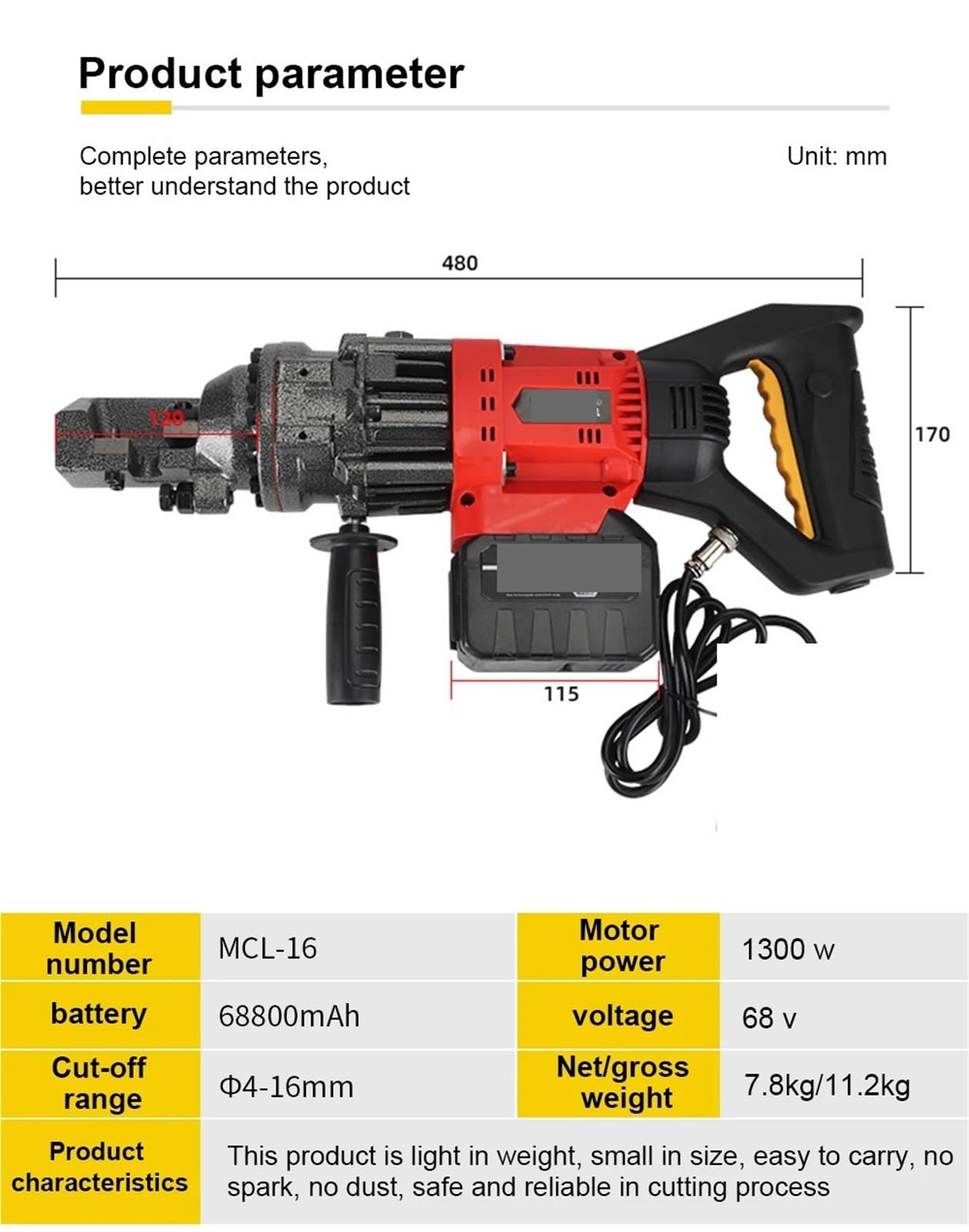Cortadora de barras eléctrica, Cortadora de varillas refuerzo 4-16 mm, portátil, hidráulica, litio, recargable