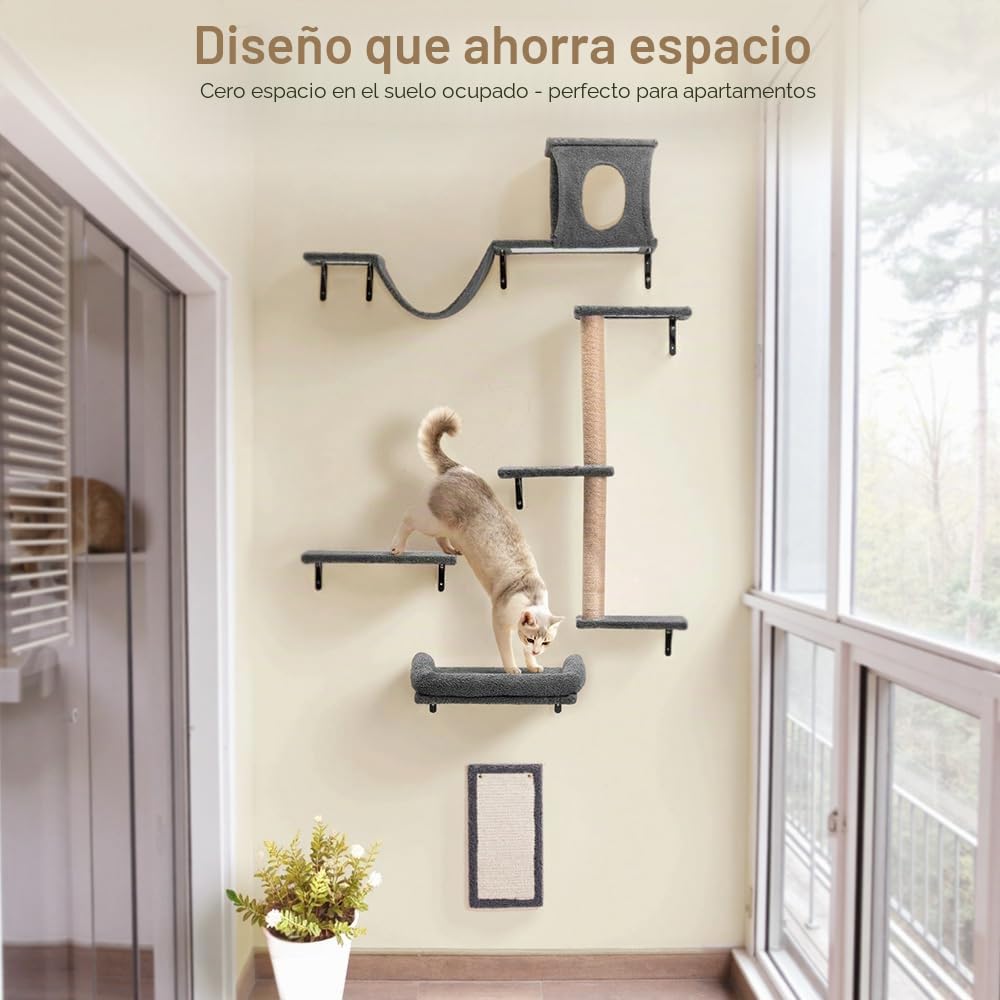 PawGiant Estantes 5 en 1 para gatos, juego de muebles de pared de madera para escalar gatos, con estante montado en la pared, postes rascadores de árbol para gatos y rascador para gatos de interior