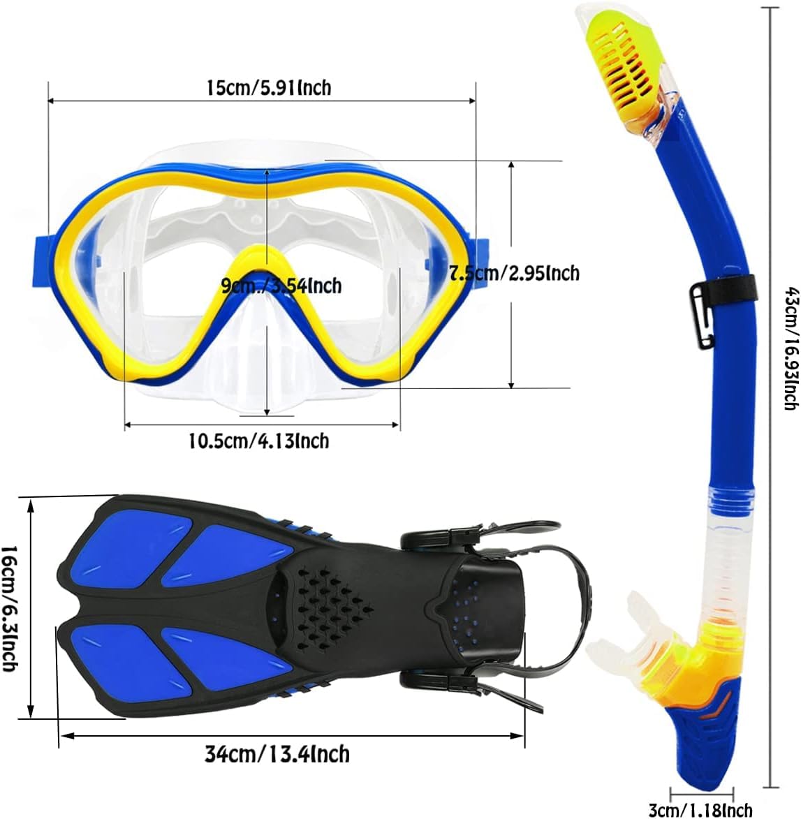 Set da snorkeling per bambini, con maschera da immersione, boccaglio, pinne regolabili, borsa a rete, anti-appannamento, anti-perdite, attrezzatura per snorkeling per bambini, per