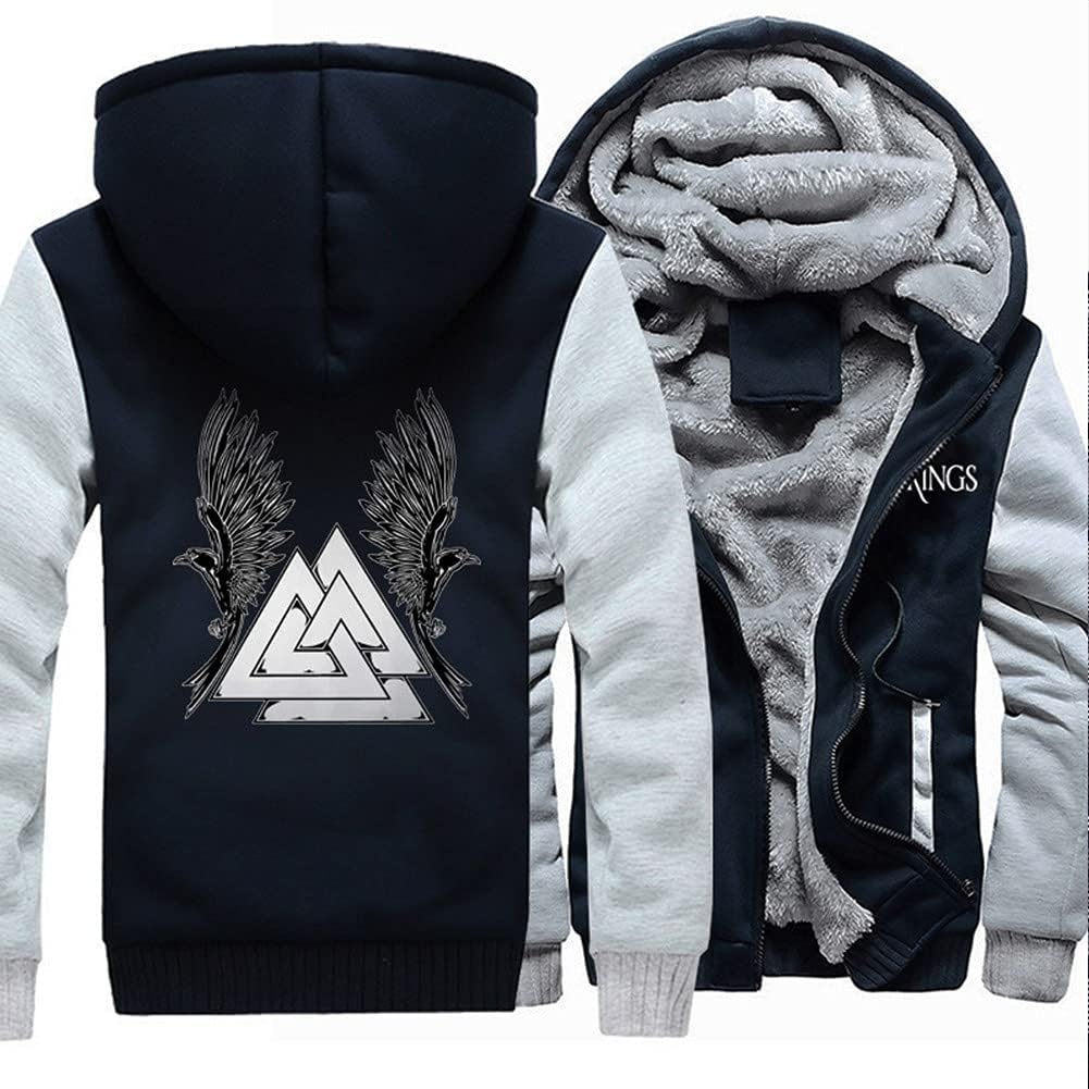 Norse Odin Valknut Raven Thick Fleece Zip Hoodie, Viking Warm Big Pockets Sweatshirt, Celtic Pagan Jacket Streetwear,Light Gray 2,4XL