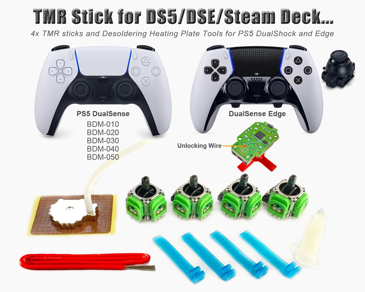 ElecGear 4x TMR Joystick et Plaque de Dessoudage de Remplacement pour PS5, DSE, Steam Deck et Autres Manettes, Outil de Réparation de Joystick à effet Hall TMR et Fil de Soudure – (TMR-DS5)
