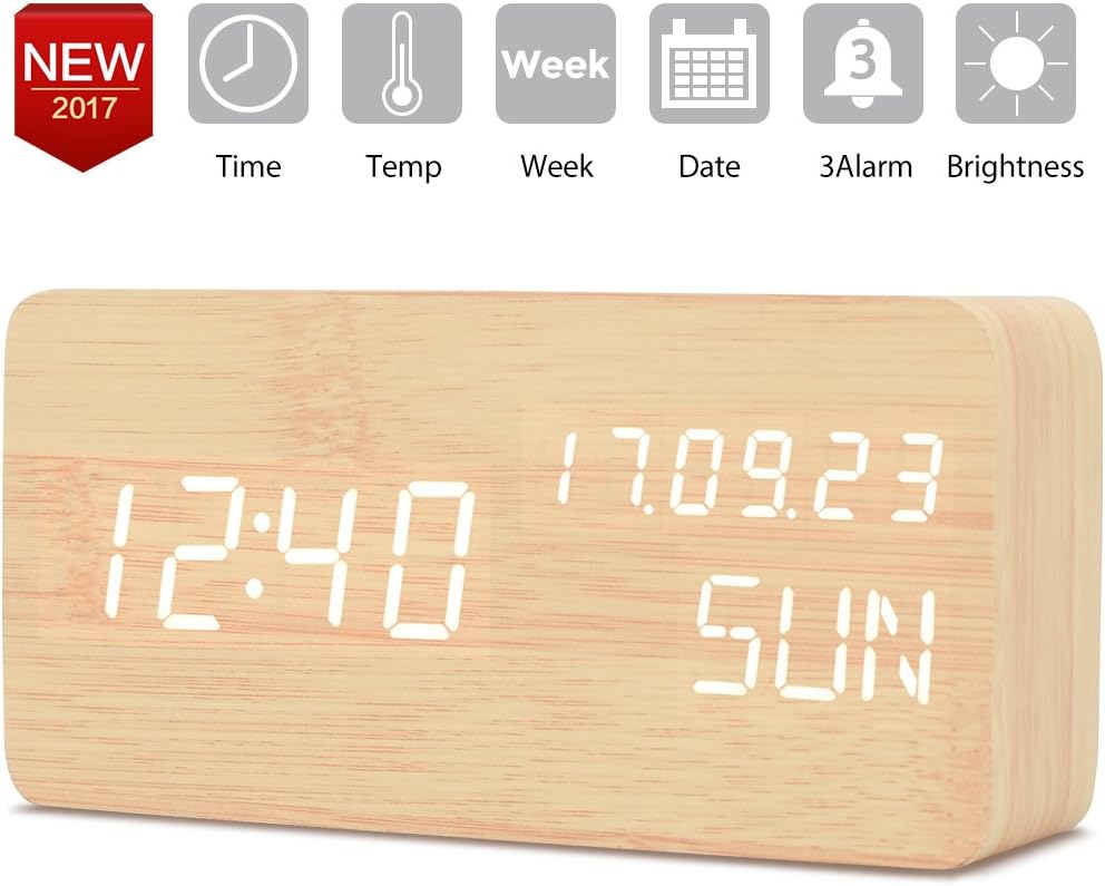 TXL Wooden Digital LED Alarm Clock with Time,Week,Temperature,Clander Display, Acoustic/Touch Control, USB/Battery Powered,Desktop Table Clock (Bamboo, White LED)