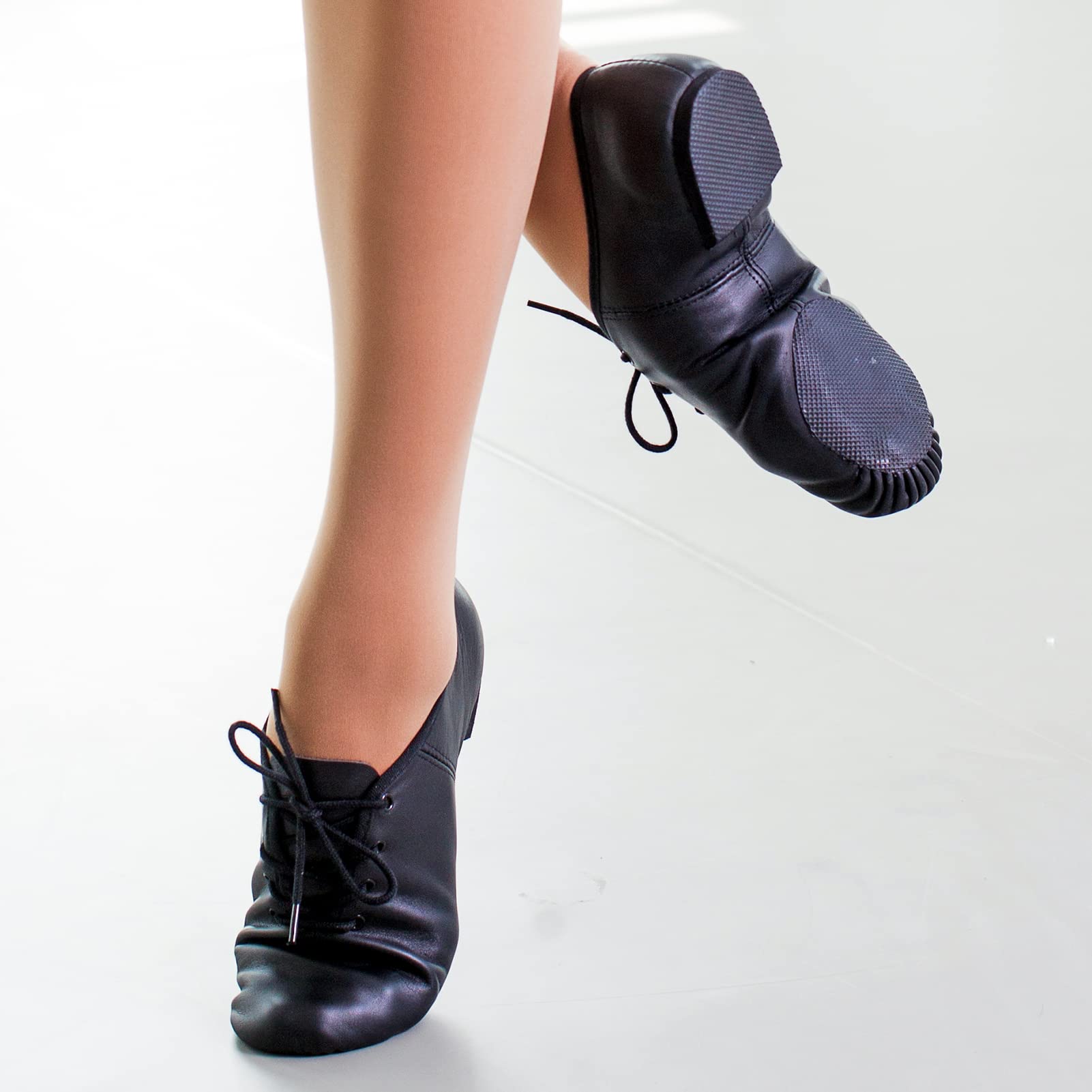 DANCEYOU Chaussures de Jazz – Cuir Fin, Lacets, Semelle divisée – Chaussures de Danse pour Adolescents et Adultes – Noir