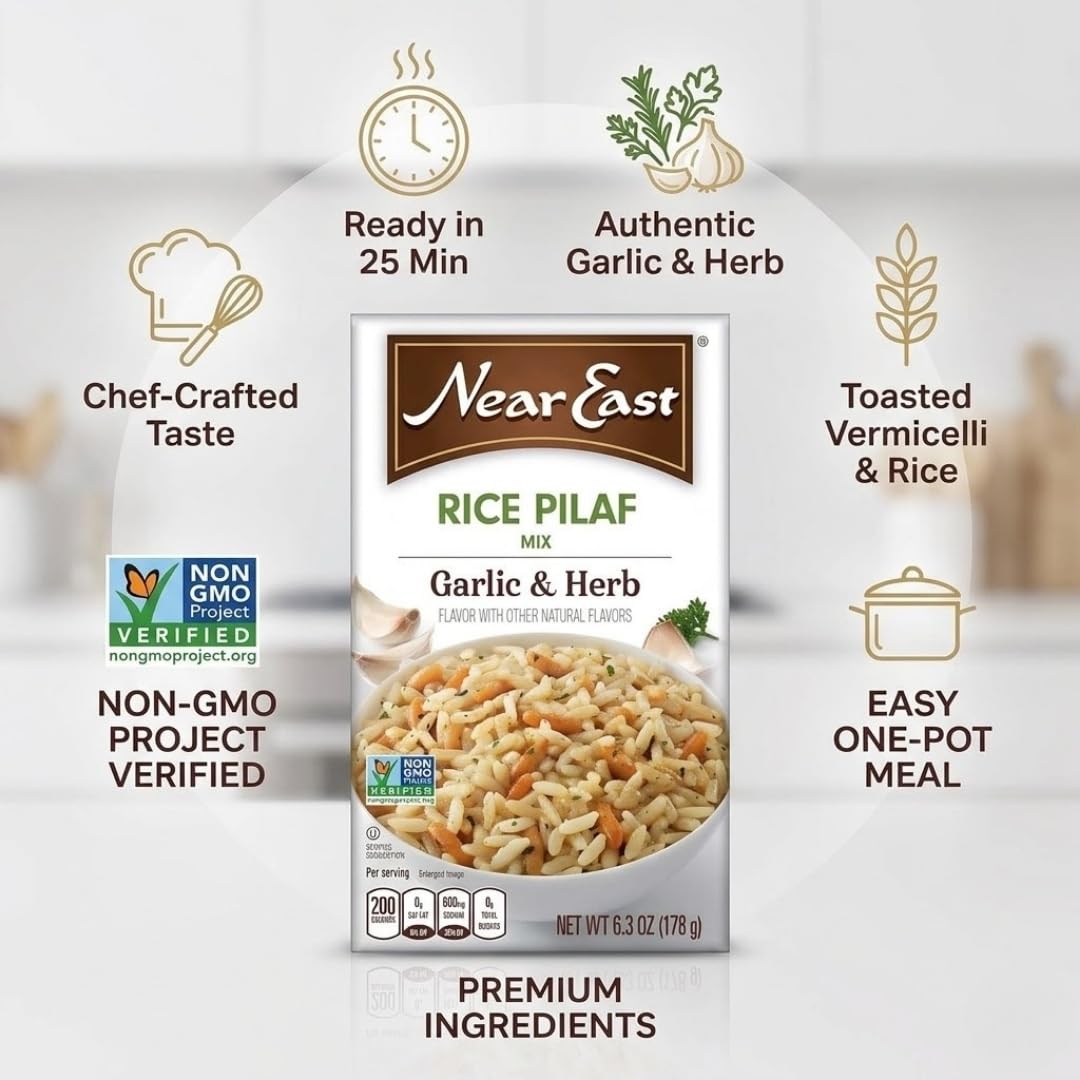 Rice Mix Pilaf Garlic & Herb 6.3 Oz – Near East Side Dish – Couscous And Pilaf Style Flavor – Easy Cauliflower Or Spanish Rice Alternative – Pack of 12