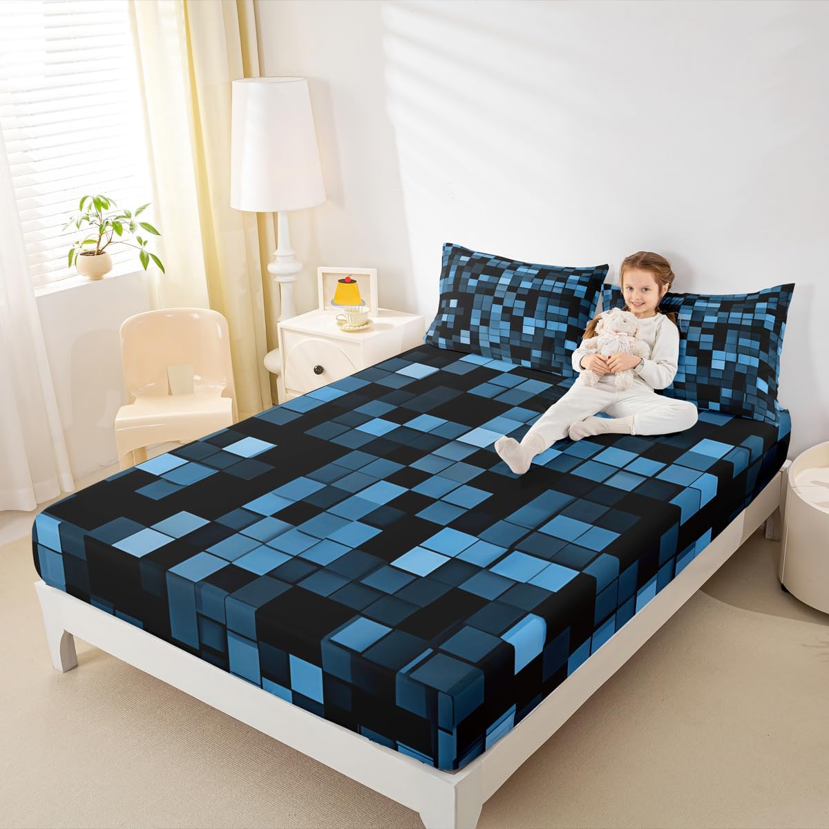 Pixelated Blocks Boys Girls Bed Sheets,Patchwork Square Video Games Room Decor,Geometric Patchwork Grid Kids Twin Size Fitted Sheet,Blue Bedding Set,1 Pillowcase(No Flat) image 3