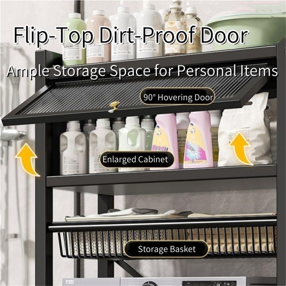 3 Tiers Over Washer and Dryer Shelves, Laundry Room Shelves with Doors, Multi Functional Storage Shelf for Over Washer, Floorstanding Over The Dryer Storage Shelf with Basket(Black)