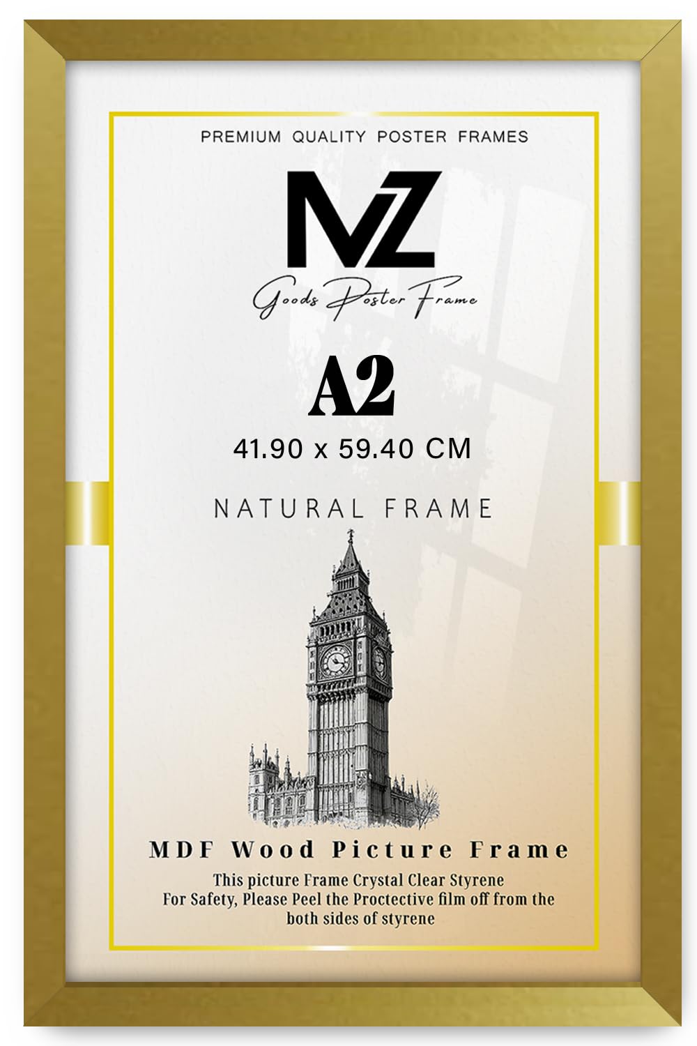 Mz Goods Gold Elegant Mdf Photo Frame A2 (23X16 Inch) – Engineered Wood Flat Design, 2Mm Uv-Blocking Perspex, Sawtooth Hanger, Solid Clip, Premium Texture, Lightweight, Shrink-Wrapped –