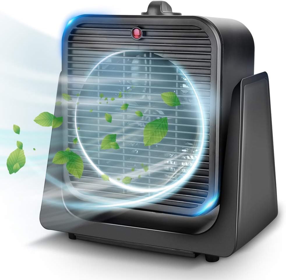 TRUSTECH 2 in 1 Fan and Heater Fan Combo, Portable Cooling Desk Fan, 45ยฐ Tilt Air Circulator Fan, 2 Wind Speeds, Tip-Over and Overheat Protection, Space Heater for Indoor Use Home Office, Black