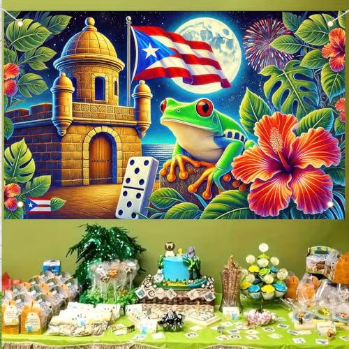 Image of BlissYard Puerto Rico Flag Frog Backdrop Banner 71x43 Inch Indoor Outdoor Party Decor Puerto Rico Events Festivals Wall Banner Hibiscus and Frog Design for Home and Events
