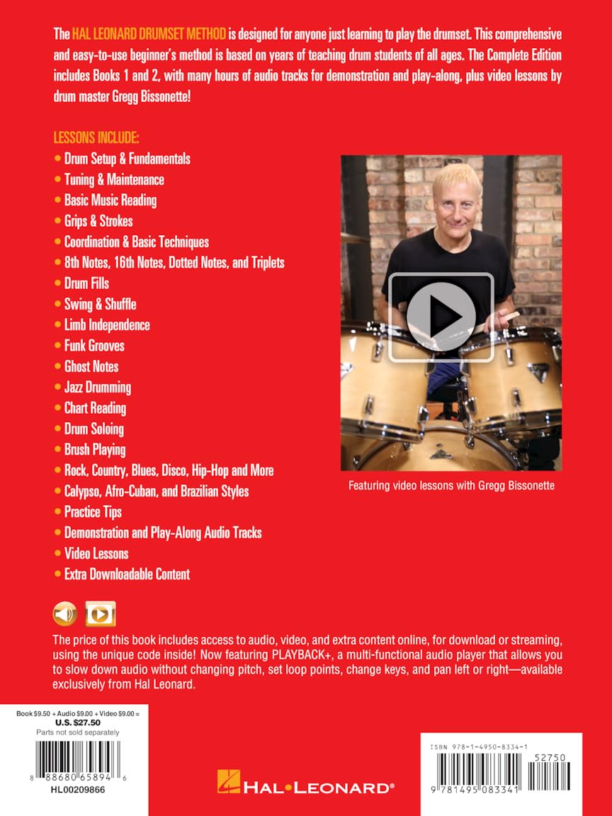 Hal Leonard Drumset Method Complete Edition | Step-by-Step Drum Lessons for Beginners | Includes Books 1 and 2 with Video and Audio | Drum Instruction Book for Students, Teachers, and Self-Learners