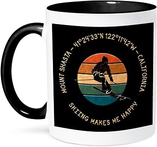 3dRose Mount Shasta, California, USA. Man skier, yellow text on black gift 11oz Two-Tone Black Mug